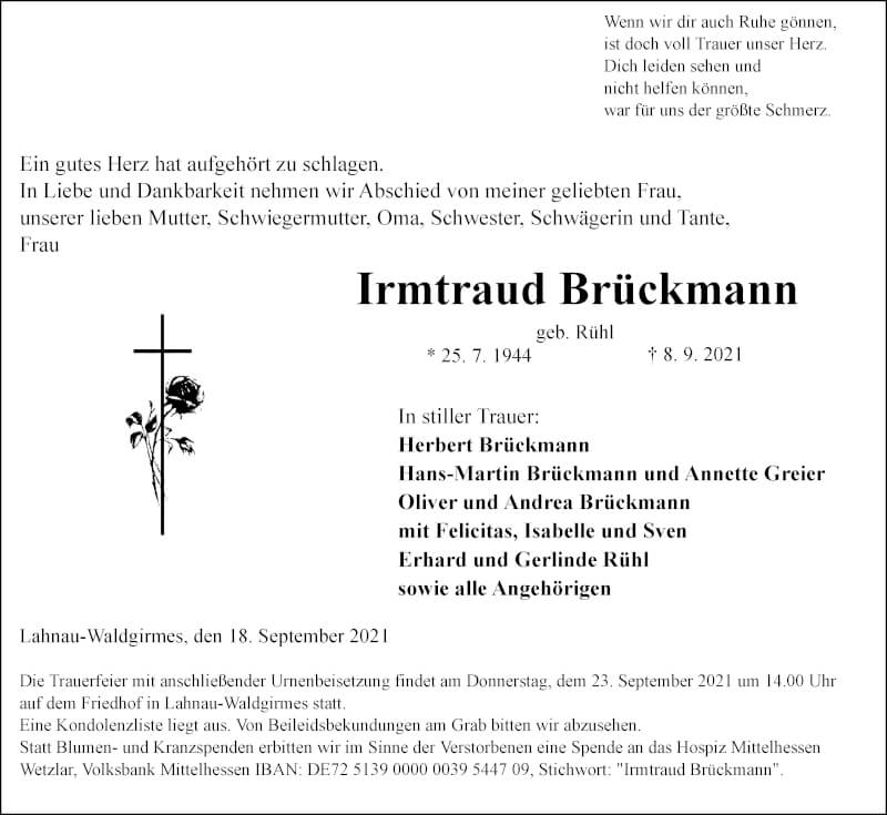  Traueranzeige für Irmtraud Brückmann vom 18.09.2021 aus 201 Wetzlarer Neue Zeitung