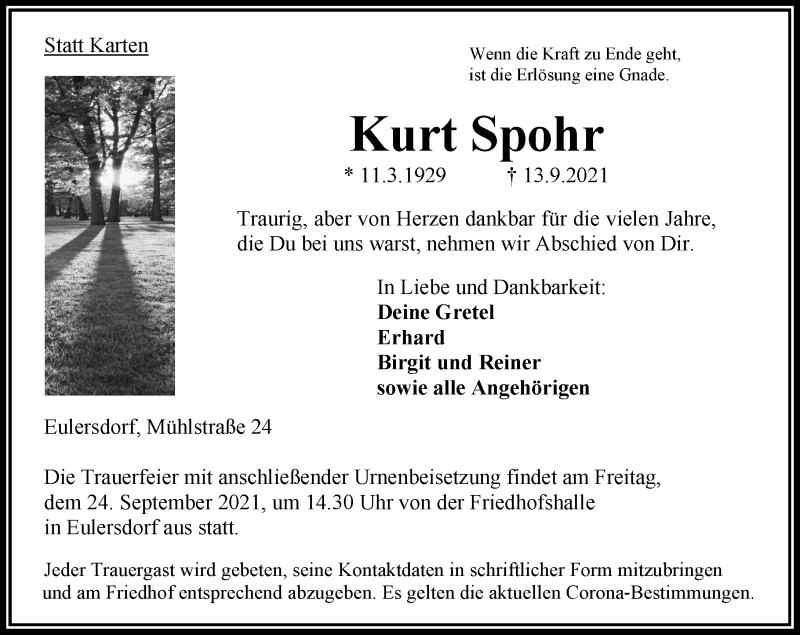  Traueranzeige für Kurt Spohr vom 22.09.2021 aus 563 Oberhessische Zeitung