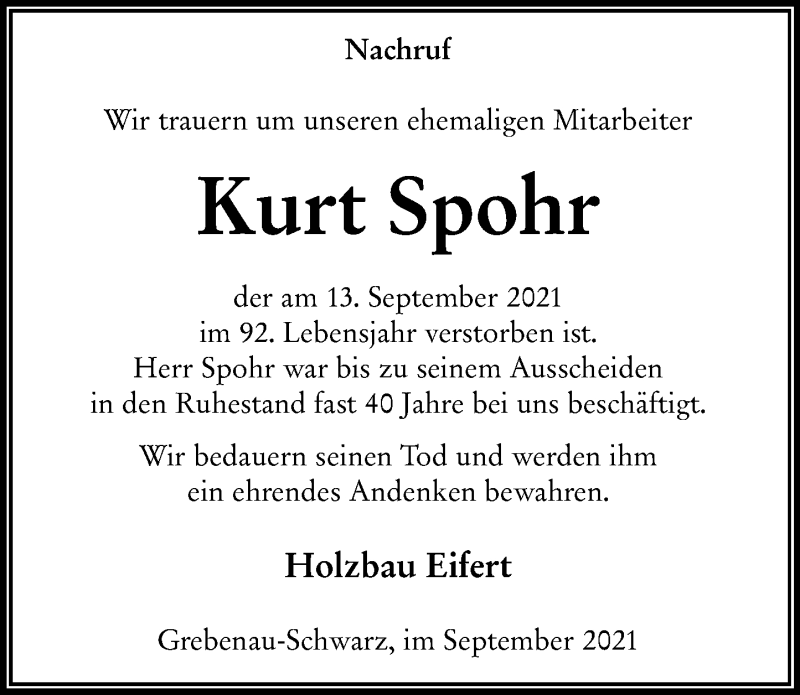  Traueranzeige für Kurt Spohr vom 23.09.2021 aus 563 Oberhessische Zeitung