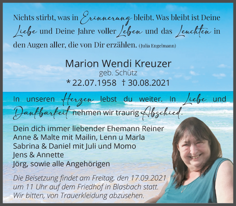  Traueranzeige für Marion Wendi Kreuzer vom 14.09.2021 aus 201 Wetzlarer Neue Zeitung