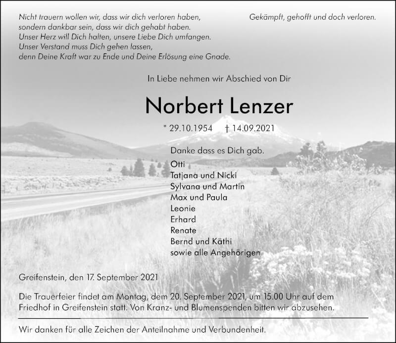  Traueranzeige für Norbert Lenzer vom 17.09.2021 aus 201 Wetzlarer Neue Zeitung