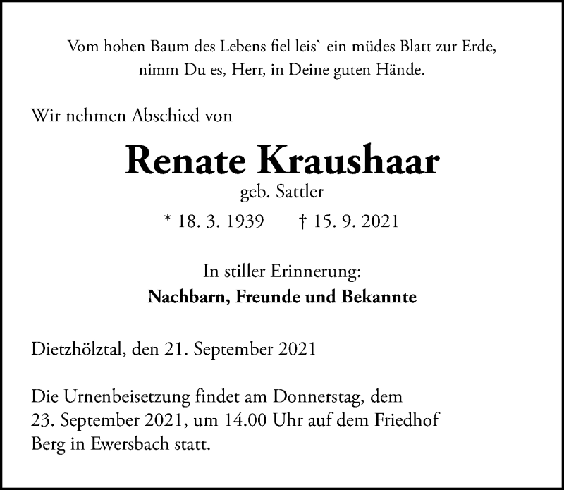  Traueranzeige für Renate Kraushaar vom 21.09.2021 aus 202 Dill Block