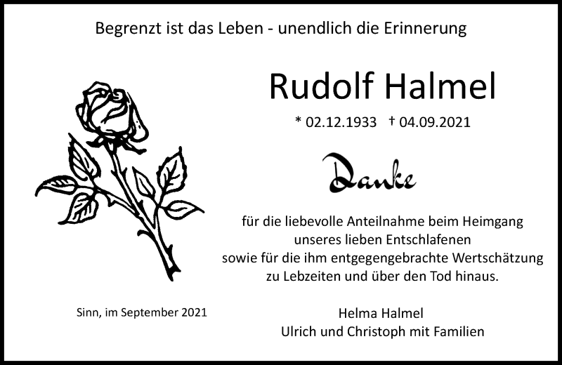  Traueranzeige für Rudolf Halmel vom 25.09.2021 aus 202 Dill Block