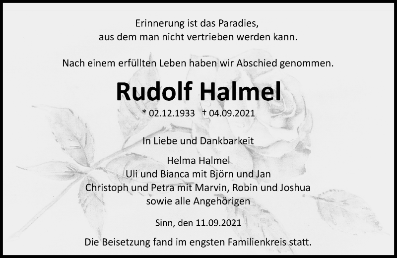  Traueranzeige für Rudolf Halmel vom 11.09.2021 aus 202 Dill Block