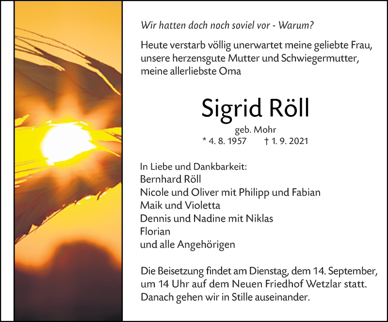  Traueranzeige für Sigrid Röll vom 09.09.2021 aus 201 Wetzlarer Neue Zeitung