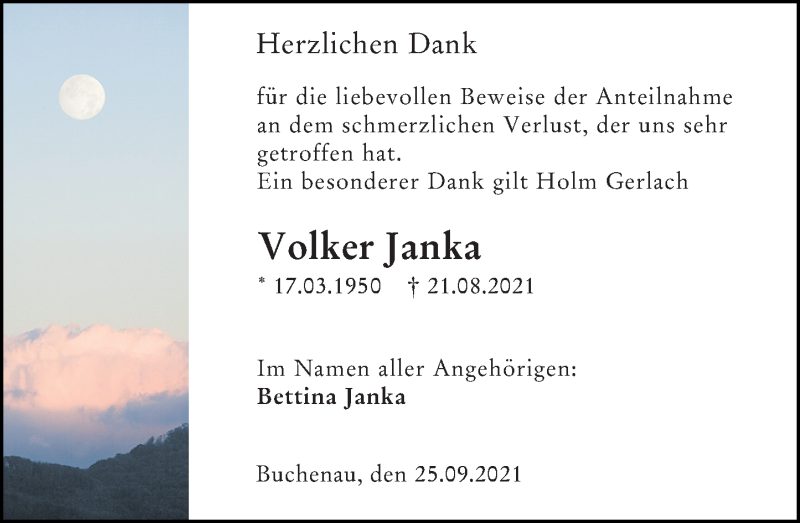  Traueranzeige für Volker Janka vom 24.09.2021 aus 205 Hinterländer Anzeiger