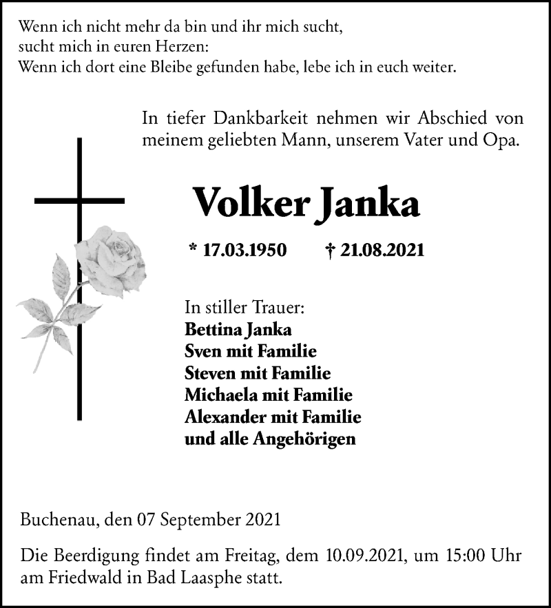  Traueranzeige für Volker Janka vom 07.09.2021 aus 205 Hinterländer Anzeiger