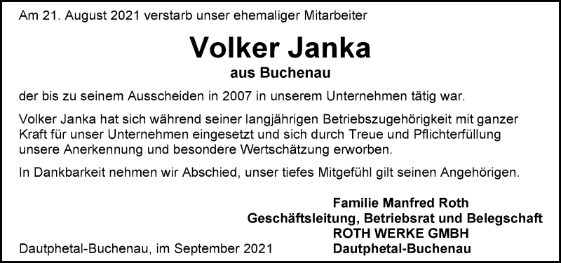  Traueranzeige für Volker Janka vom 08.09.2021 aus 205 Hinterländer Anzeiger