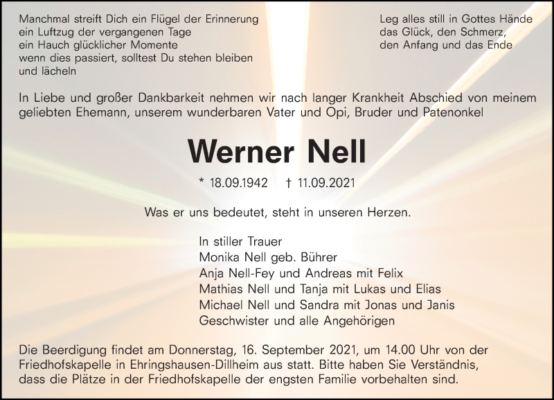  Traueranzeige für Werner Nell vom 15.09.2021 aus 201 Wetzlarer Neue Zeitung