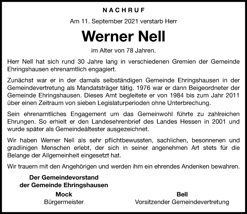  Traueranzeige für Werner Nell vom 16.09.2021 aus 201 Wetzlarer Neue Zeitung