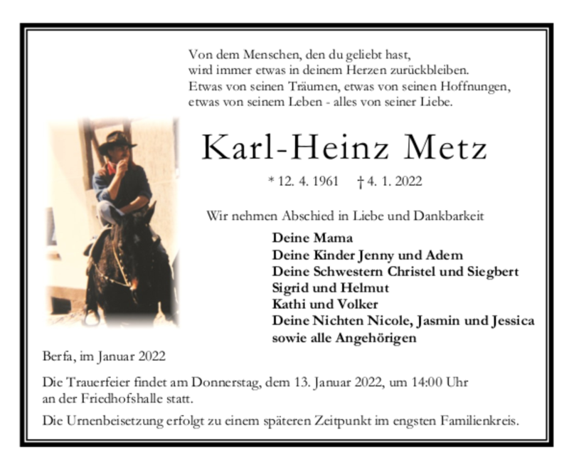  Traueranzeige für Karl-Heinz Metz vom 10.01.2022 aus 