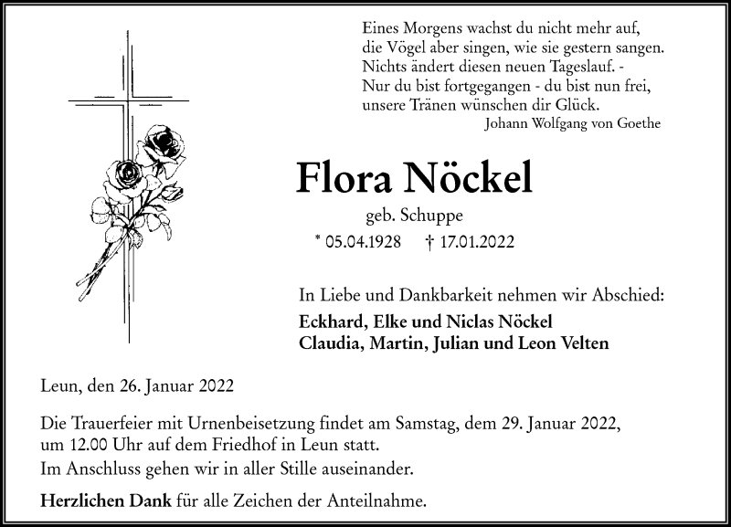  Traueranzeige für Flora Nöckel vom 26.01.2022 aus Wetzlarer Neue Zeitung