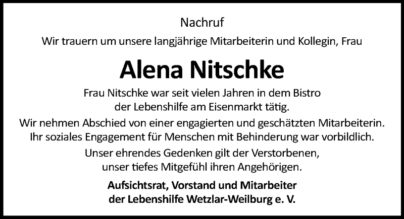 Traueranzeige für Alena Nitschke vom 08.01.2022 aus Weilburger Tageblatt