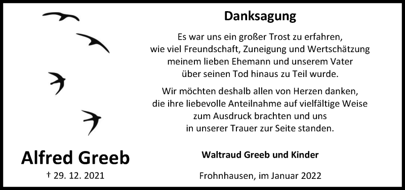  Traueranzeige für Alfred Greeb vom 29.01.2022 aus Dill Block