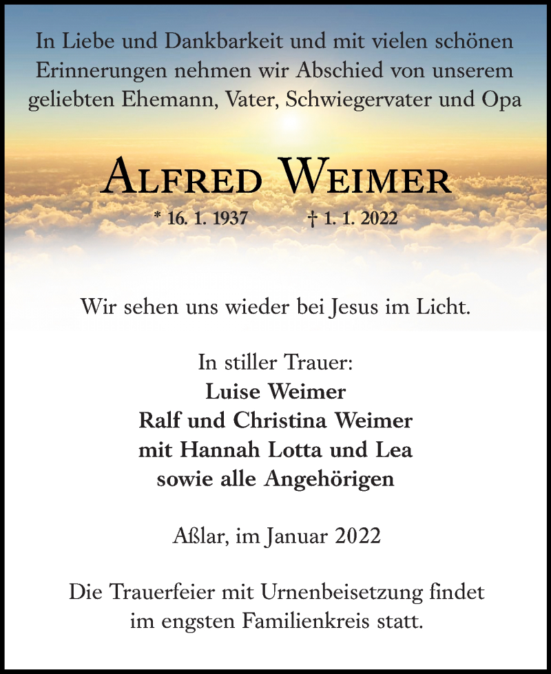  Traueranzeige für Alfred Weimer vom 08.01.2022 aus Wetzlarer Neue Zeitung