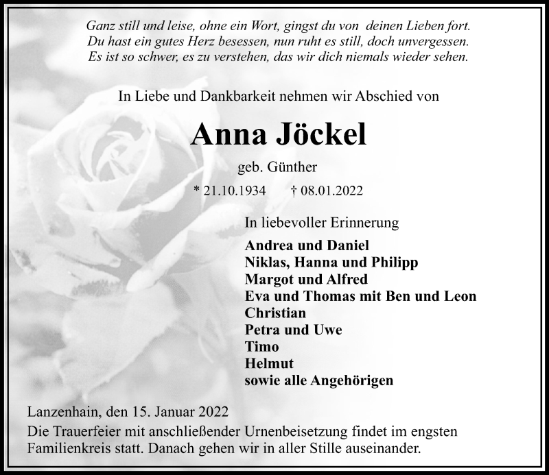  Traueranzeige für Anna Jöckel vom 15.01.2022 aus Lauterbacher Anzeiger