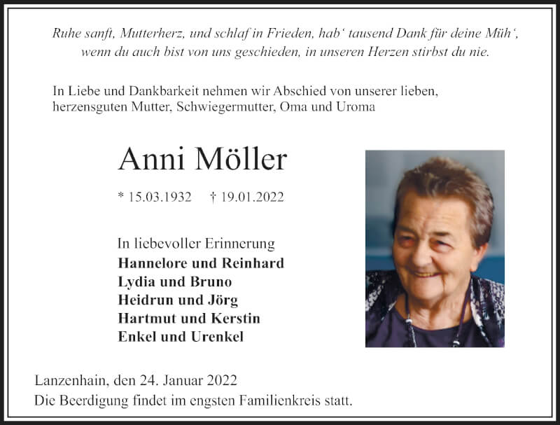  Traueranzeige für Anni Möller vom 24.01.2022 aus Lauterbacher Anzeiger