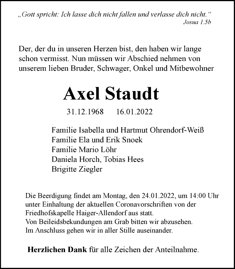  Traueranzeige für Axel Staudt vom 19.01.2022 aus Dill Block