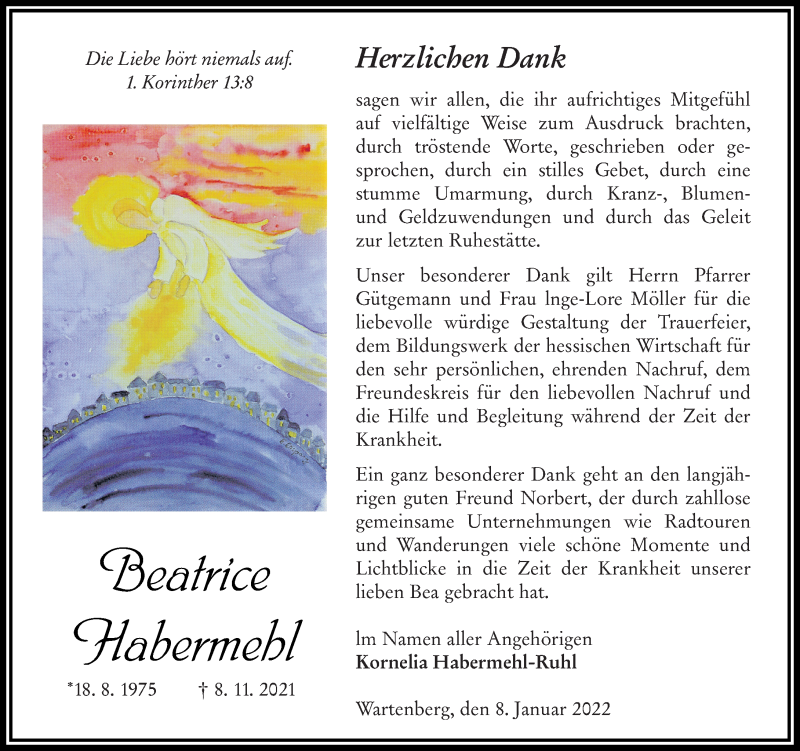  Traueranzeige für Beatrice Habermehl vom 08.01.2022 aus Lauterbacher Anzeiger