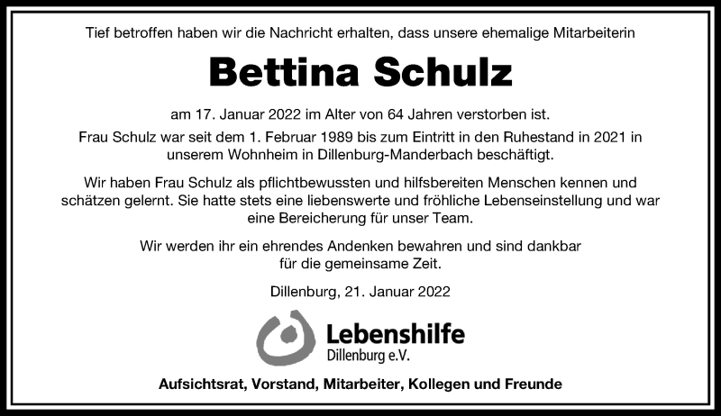  Traueranzeige für Bettina Schulz vom 25.01.2022 aus Dill Block