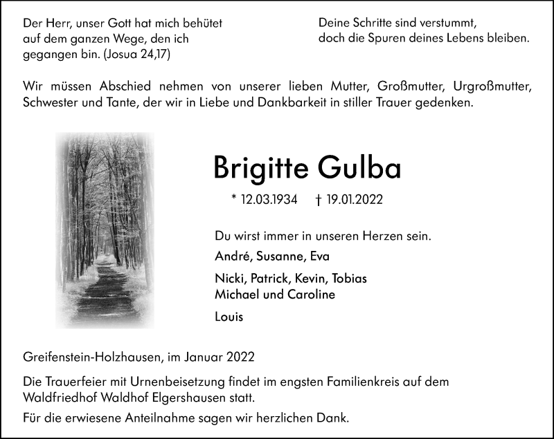  Traueranzeige für Brigitte Gulba vom 26.01.2022 aus Wetzlarer Neue Zeitung