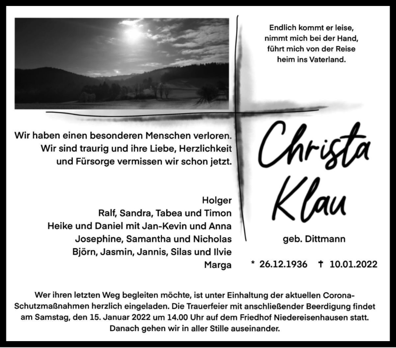  Traueranzeige für Christa Klau vom 14.01.2022 aus Hinterländer Anzeiger