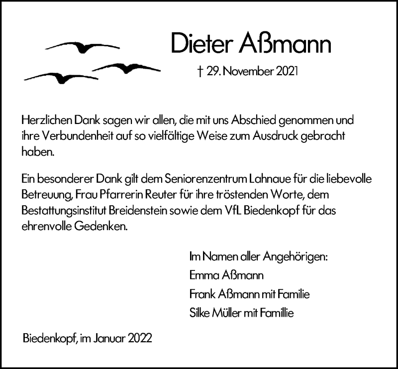  Traueranzeige für Dieter Aßmann vom 18.01.2022 aus Hinterländer Anzeiger