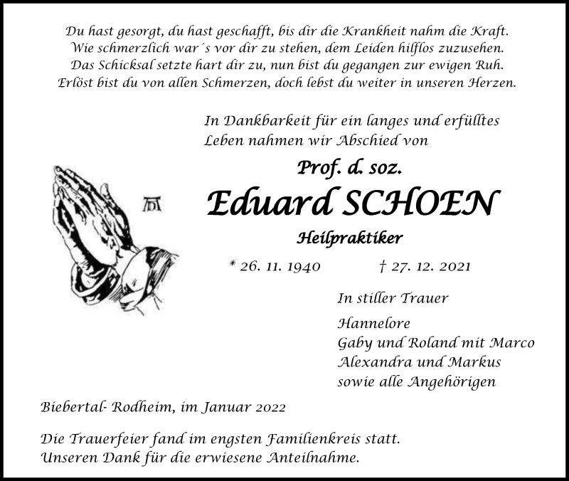  Traueranzeige für Eduard Schoen vom 15.01.2022 aus Wetzlarer Neue Zeitung