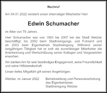 Traueranzeige von Edwin Schumacher von Wetzlarer Neue Zeitung