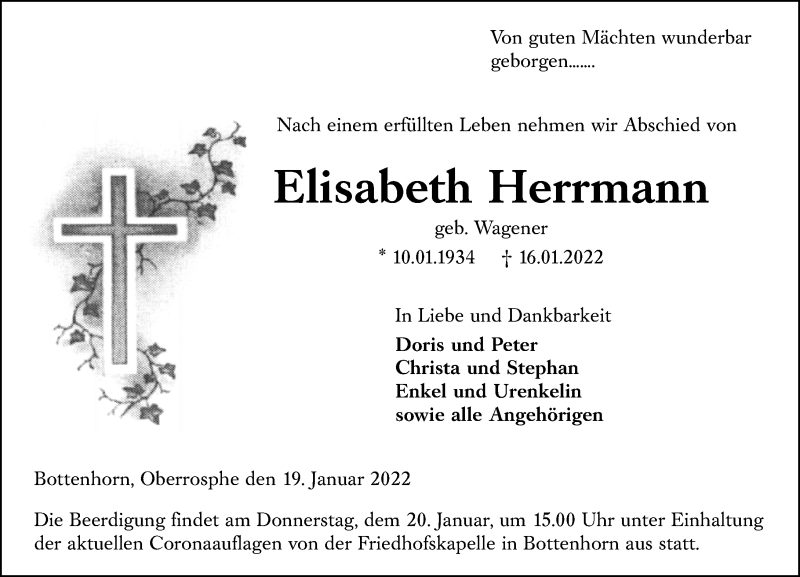  Traueranzeige für Elisabeth Herrmann vom 19.01.2022 aus Hinterländer Anzeiger