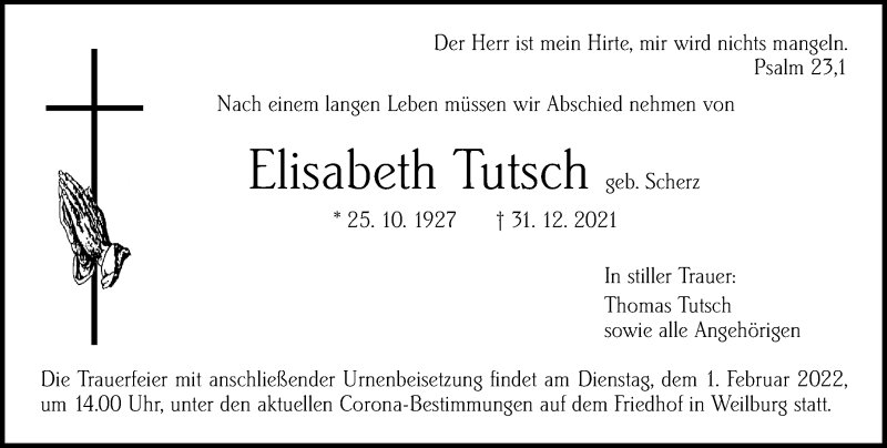  Traueranzeige für Elisabeth Tutsch vom 29.01.2022 aus Weilburger Tageblatt
