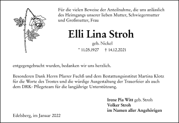 Traueranzeige von Elli Lina Stroh von Weilburger Tageblatt