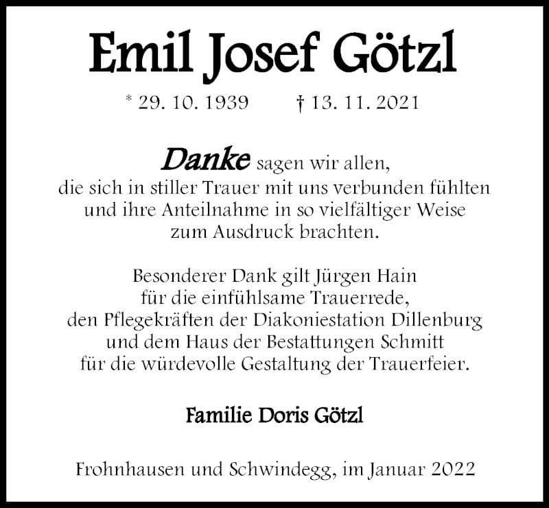  Traueranzeige für Emil Josef Götzl vom 22.01.2022 aus Dill Block