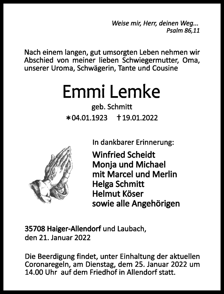  Traueranzeige für Emmi Lemke vom 21.01.2022 aus Dill Block