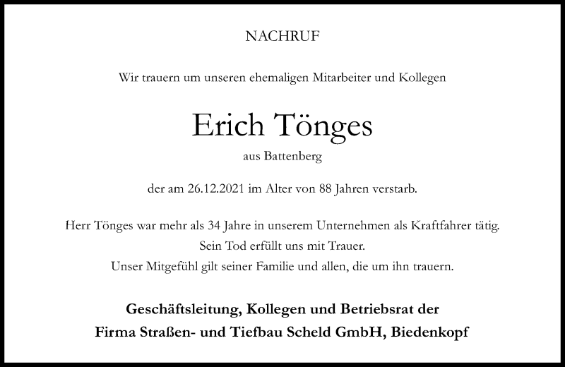  Traueranzeige für Erich Tönges vom 15.01.2022 aus Hinterländer Anzeiger