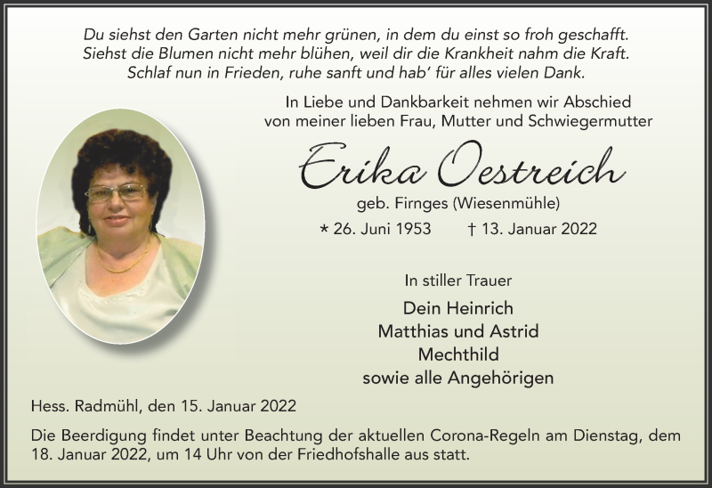  Traueranzeige für Erika Oestreich vom 15.01.2022 aus Lauterbacher Anzeiger