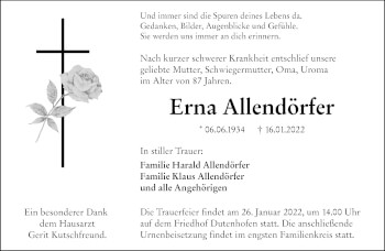 Traueranzeige von Erna Allendörfer von Wetzlarer Neue Zeitung