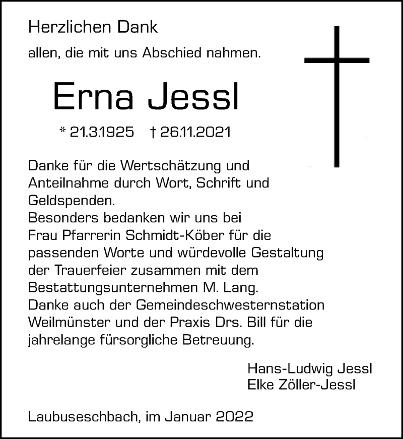  Traueranzeige für Erna Jessl vom 08.01.2022 aus Weilburger Tageblatt