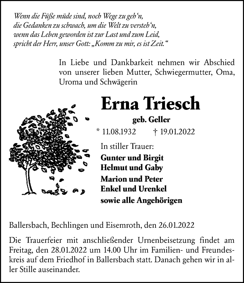  Traueranzeige für Erna Triesch vom 26.01.2022 aus Dill Block