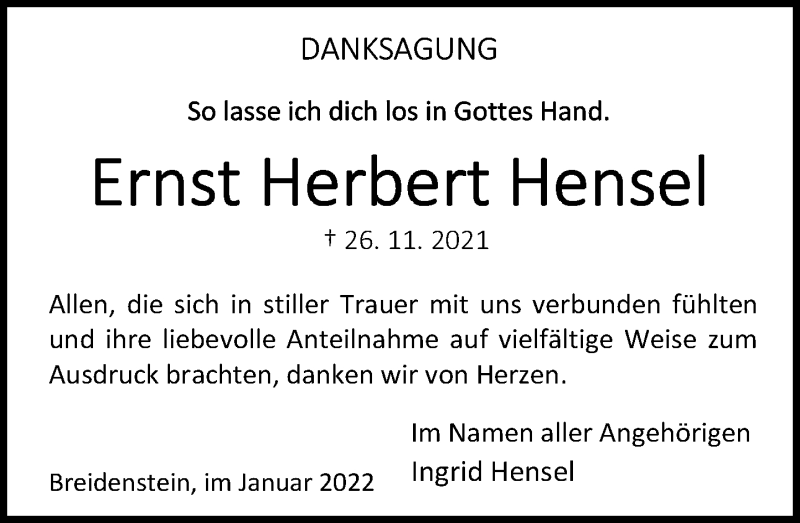  Traueranzeige für Ernst Herbert Hensel vom 05.01.2022 aus Hinterländer Anzeiger