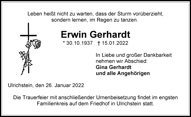  Traueranzeige für Erwin Gerhardt vom 26.01.2022 aus Lauterbacher Anzeiger