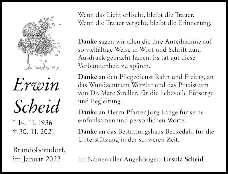  Traueranzeige für Erwin Scheid vom 22.01.2022 aus Wetzlarer Neue Zeitung