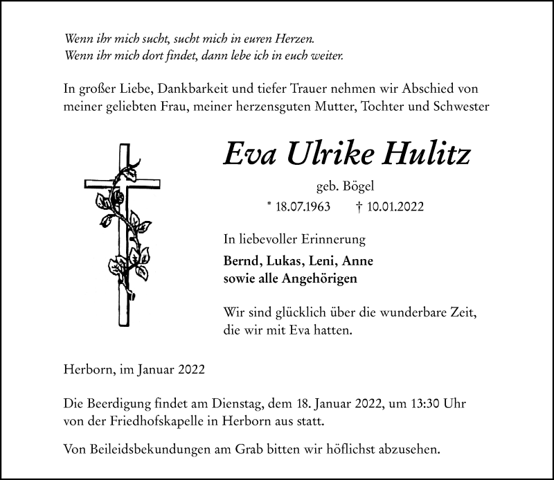  Traueranzeige für Eva Ulrike Hulitz vom 14.01.2022 aus Dill Block