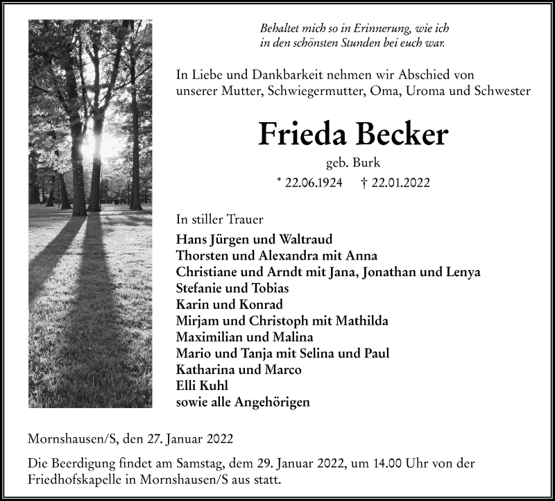  Traueranzeige für Frieda Becker vom 27.01.2022 aus Hinterländer Anzeiger