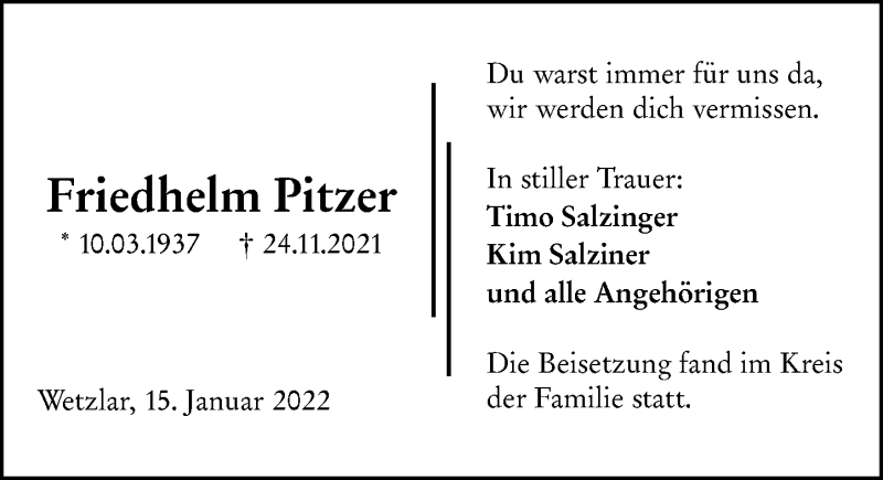  Traueranzeige für Friedhelm Pitzer vom 15.01.2022 aus Wetzlarer Neue Zeitung
