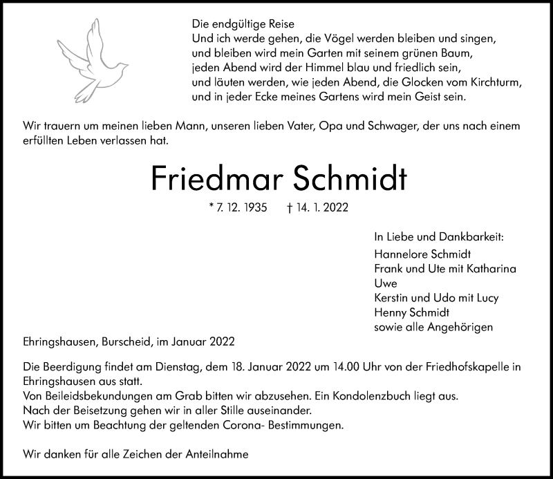  Traueranzeige für Friedmar Schmidt vom 15.01.2022 aus Wetzlarer Neue Zeitung