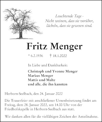 Traueranzeige von Fritz Menger von Dill Block