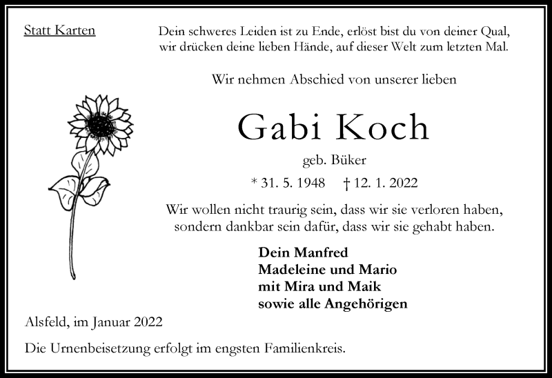  Traueranzeige für Gabi Koch vom 15.01.2022 aus Oberhessische Zeitung