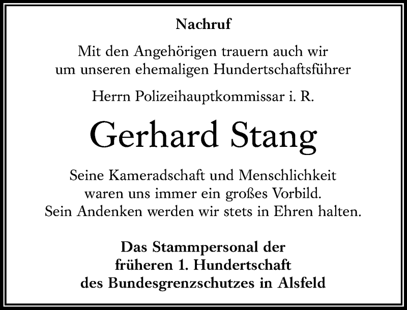  Traueranzeige für Gerhard Stang vom 19.01.2022 aus Oberhessische Zeitung