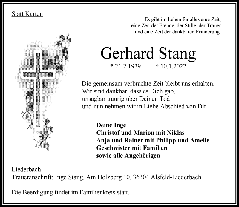  Traueranzeige für Gerhard Stang vom 13.01.2022 aus Oberhessische Zeitung